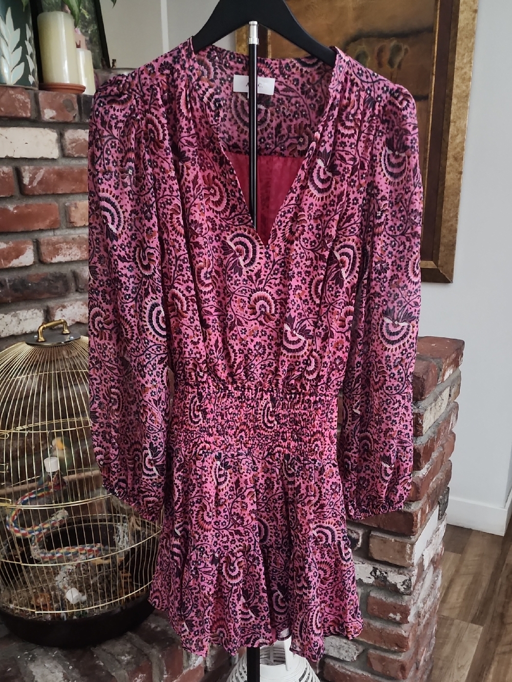 A.L.C. Pink Paisley Smocked Waist Mini Dress Boho Long Sleeve Festival